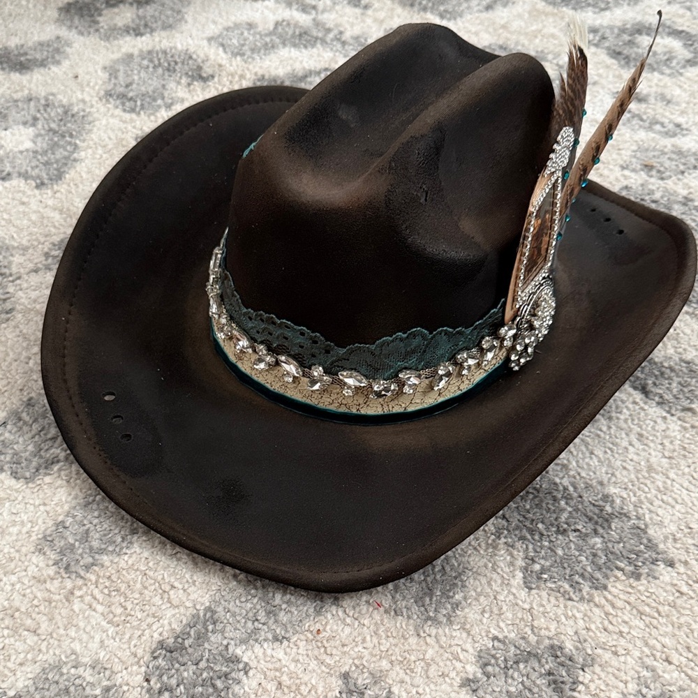 Brown Leather Cowboy Hat with Feather Accent